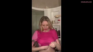 Step sister is looking amazing and sexy in this pink outfit in the shower