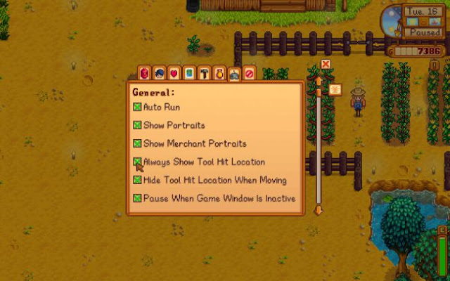 Stardew Valley - Initiation - Activate "Always show tool hit location" immediately