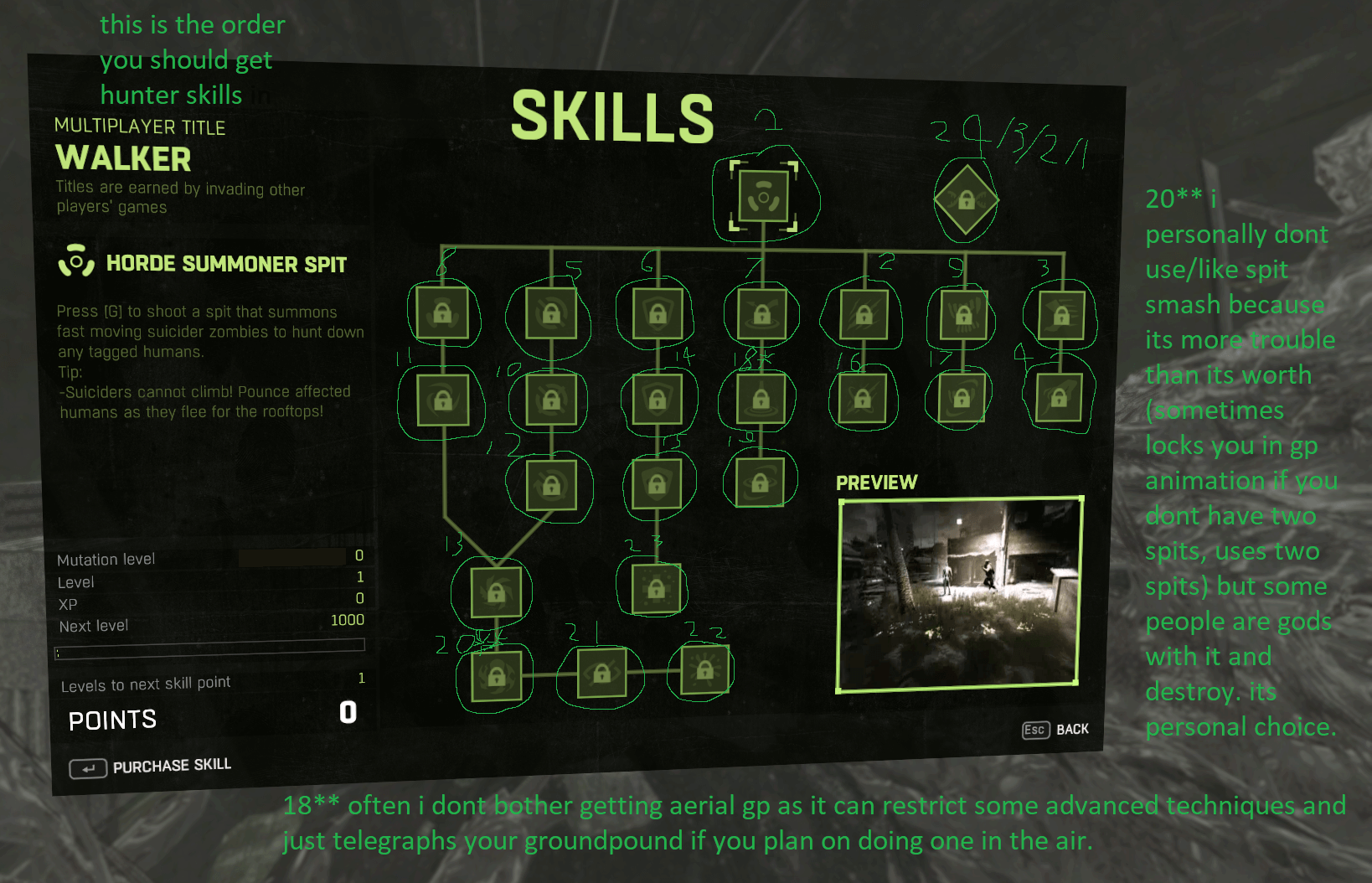 Dying Light - night hunter help Guide (ms paint drawings included) - skill order