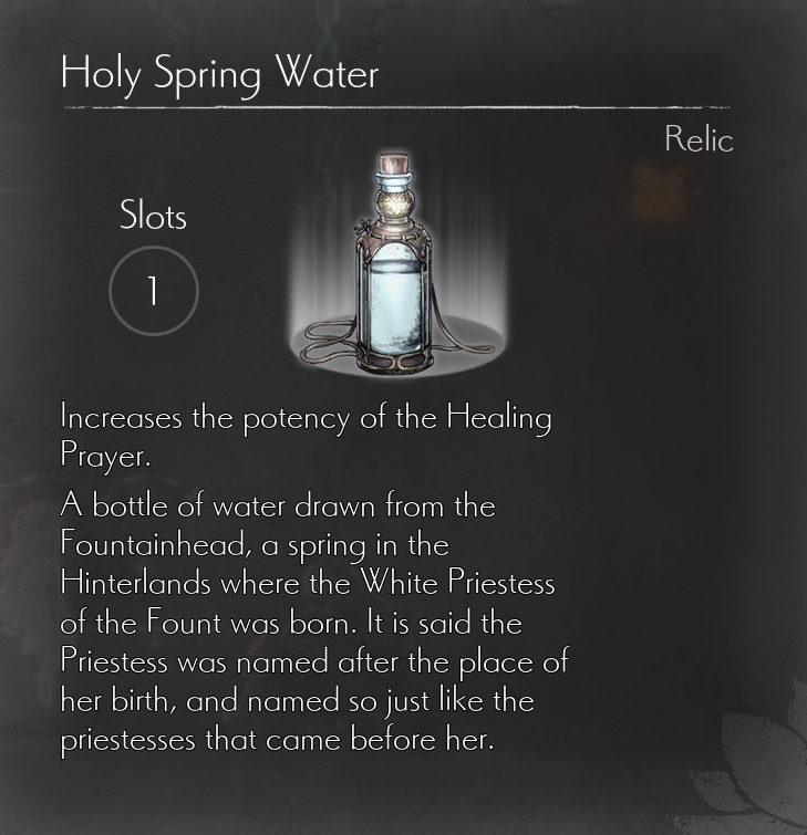 ENDER LILIES - List of All Relics Information in Ender Lilies: Quietus of the Knights - Holy Spring Water