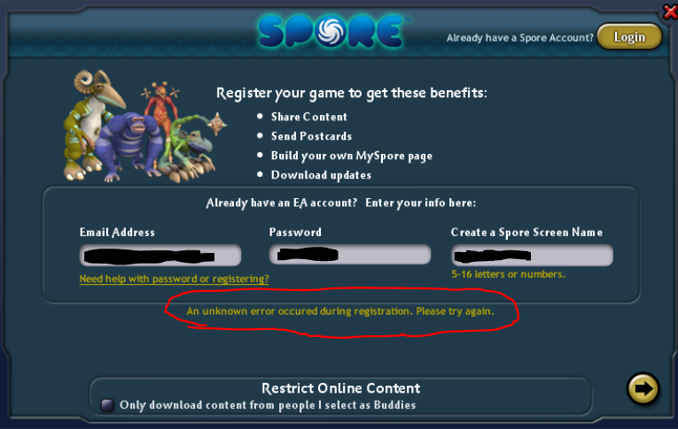 Spore - How to Register New Spore Account in Game Guide - The Account Registry Problem - 6B76199