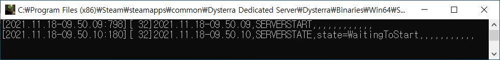 Dysterra Playtest - Creating Custom Server Guide - When the server starts to run successfully, the server status will display in the console window as shown below - C37F16E