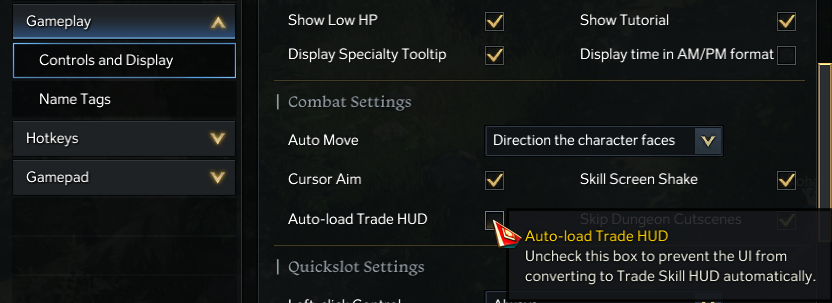 Lost Ark - Useful Tips for Leveling - UI Settings - Quest & Map Guide - Disable auto-switching to gathering tools skillbar - 80CD660