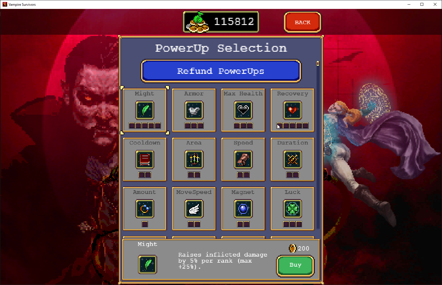Vampire Survivors - Best Upgrade in Order - Power Ups Guide - Example with my current 115812 gold - 169741A