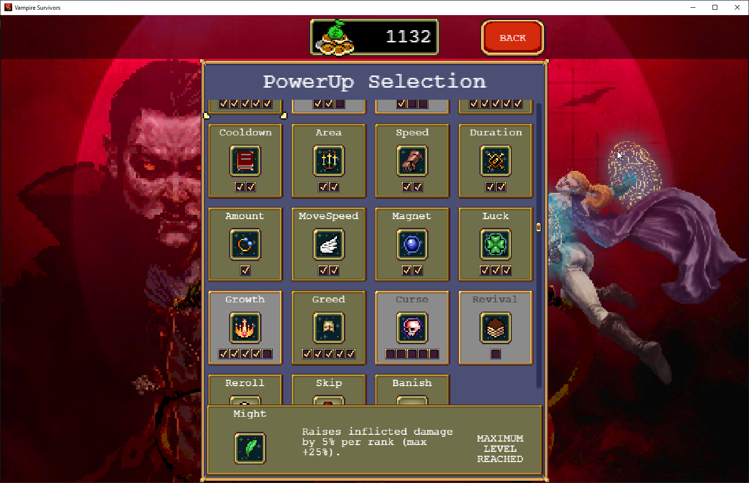 Vampire Survivors - Best Upgrade in Order - Power Ups Guide - Example with my current 115812 gold - C523DC4