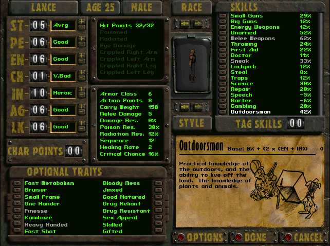 Fallout 2 - How to get 150 Percent Melee Weapons right at the start of Klamath - Character Creation - 0C1C52A