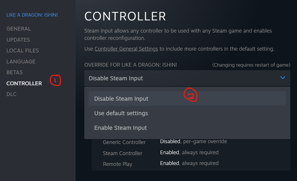 Like a Dragon: Ishin! - How to configure DS5 Wi-Fi for colored PS button prompts - Disable Steam Input for Controller - B6EA625