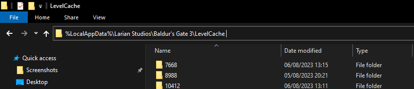 Baldur's Gate 3 - How to Fix Game Crash for Update/Patch - 3. Delete LevelCache - 82D8412