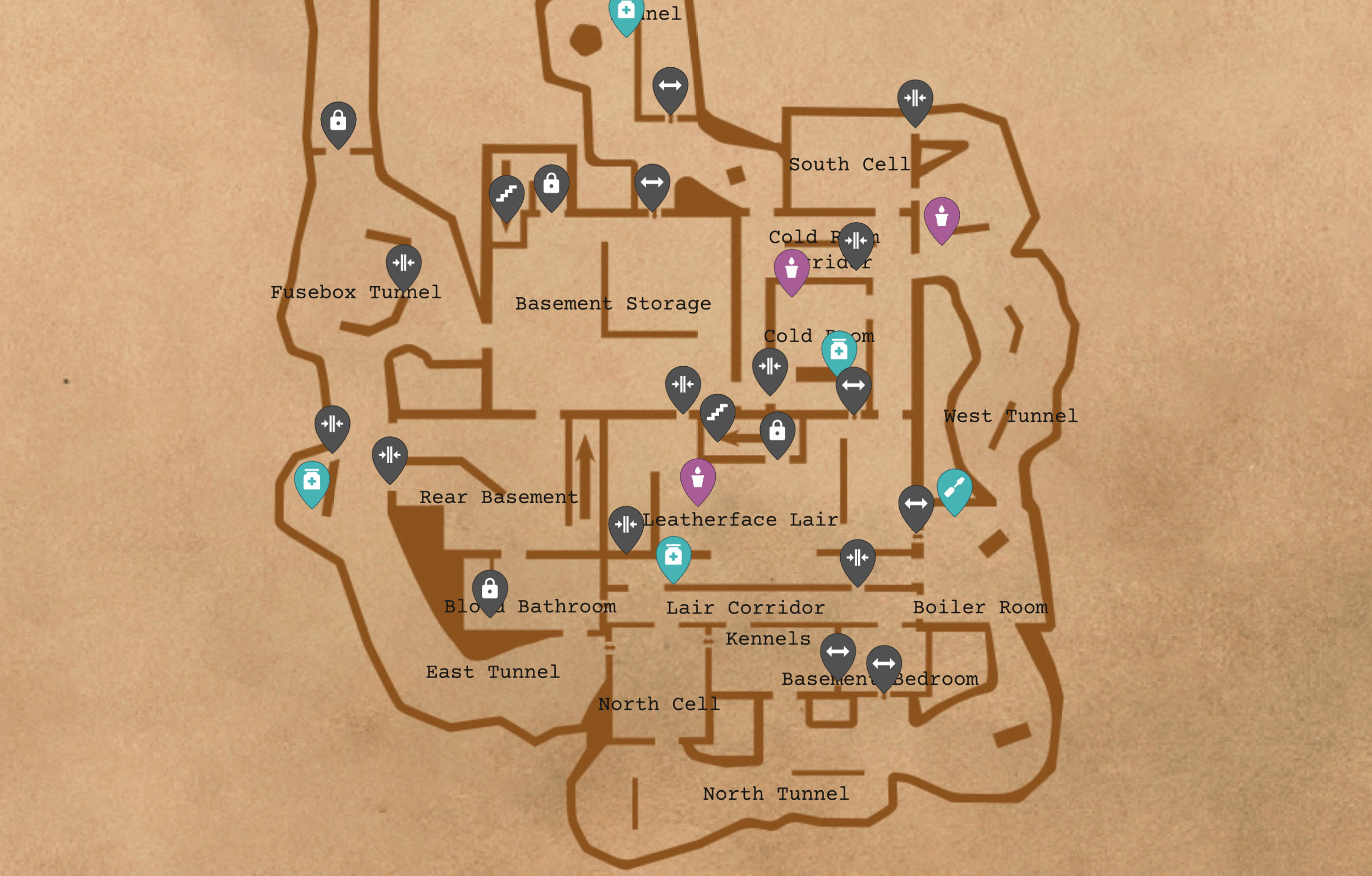 La masacre de la motosierra de Texas - Mapas interactivos de los niveles del sótano y del piso superior - Mapa interactivo TCSM - F311057